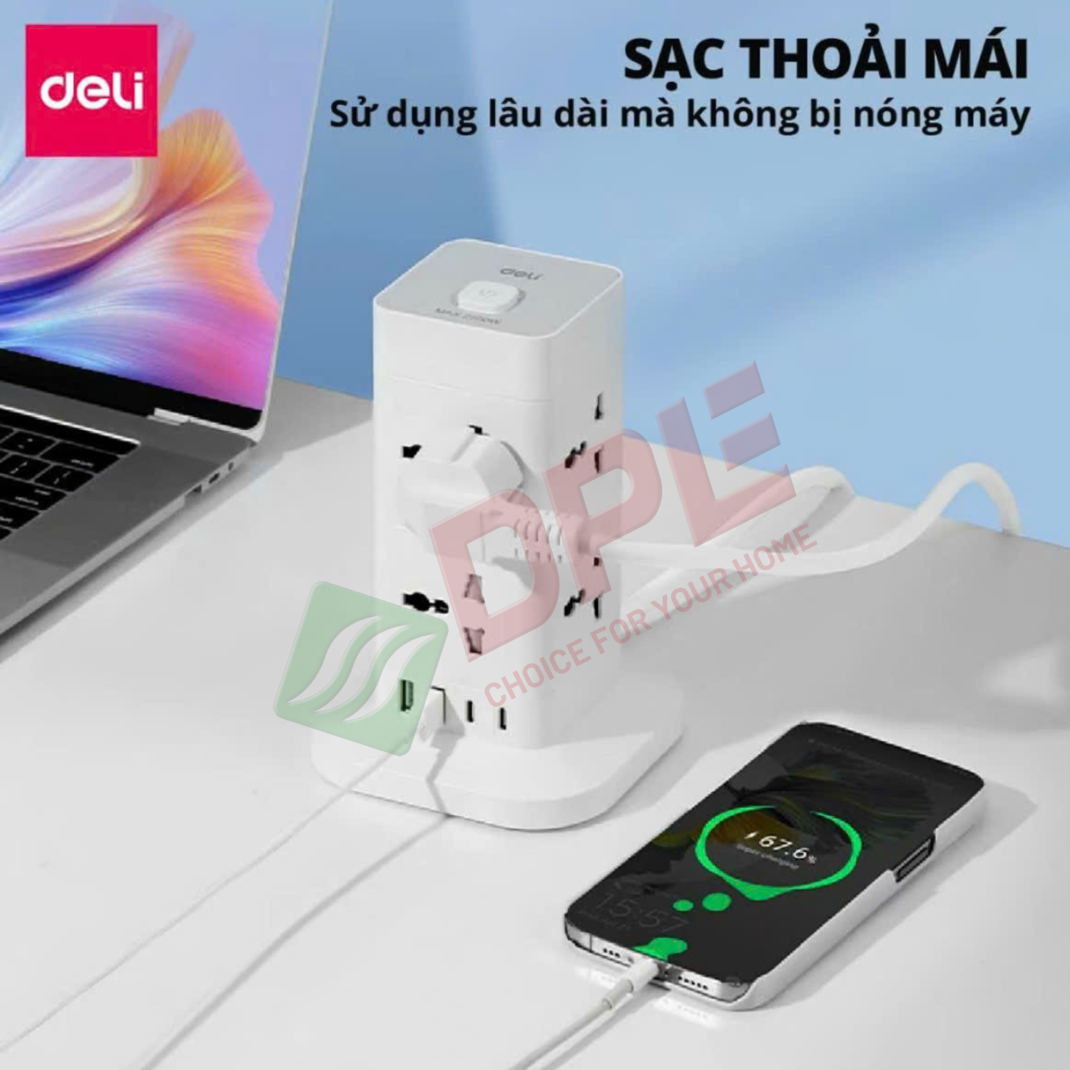 Ổ cắm trụ lập phương 4 c&ocirc;ng tắc 1 nguồn 2 USB 1 TypeC d&acirc;y 2,4m - M&agrave;u Trắng
