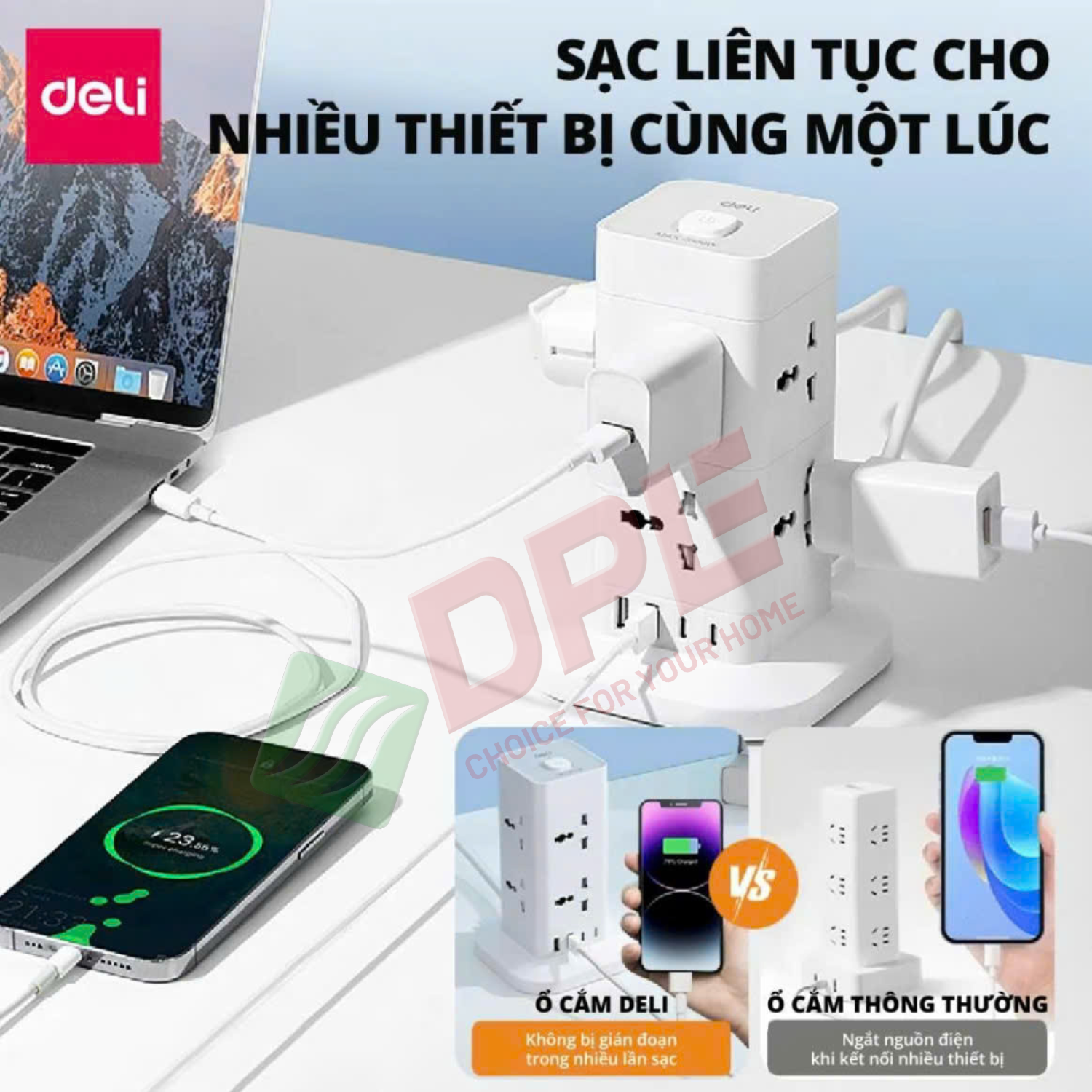 Ổ cắm trụ lập phương 4 c&ocirc;ng tắc 1 nguồn 2 USB 1 TypeC d&acirc;y 2,4m - M&agrave;u Trắng