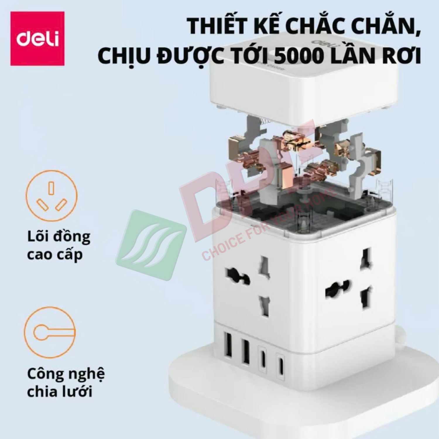 Ổ cắm trụ lập phương 4 c&ocirc;ng tắc 1 nguồn 2 USB 1 TypeC d&acirc;y 2,4m - M&agrave;u Trắng
