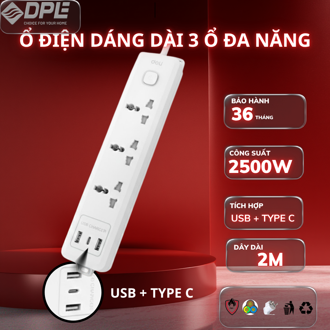 Ổ cắm điện 3 ổ + 2 USB + 1 TypeC 2.1A - M&agrave;u trắng