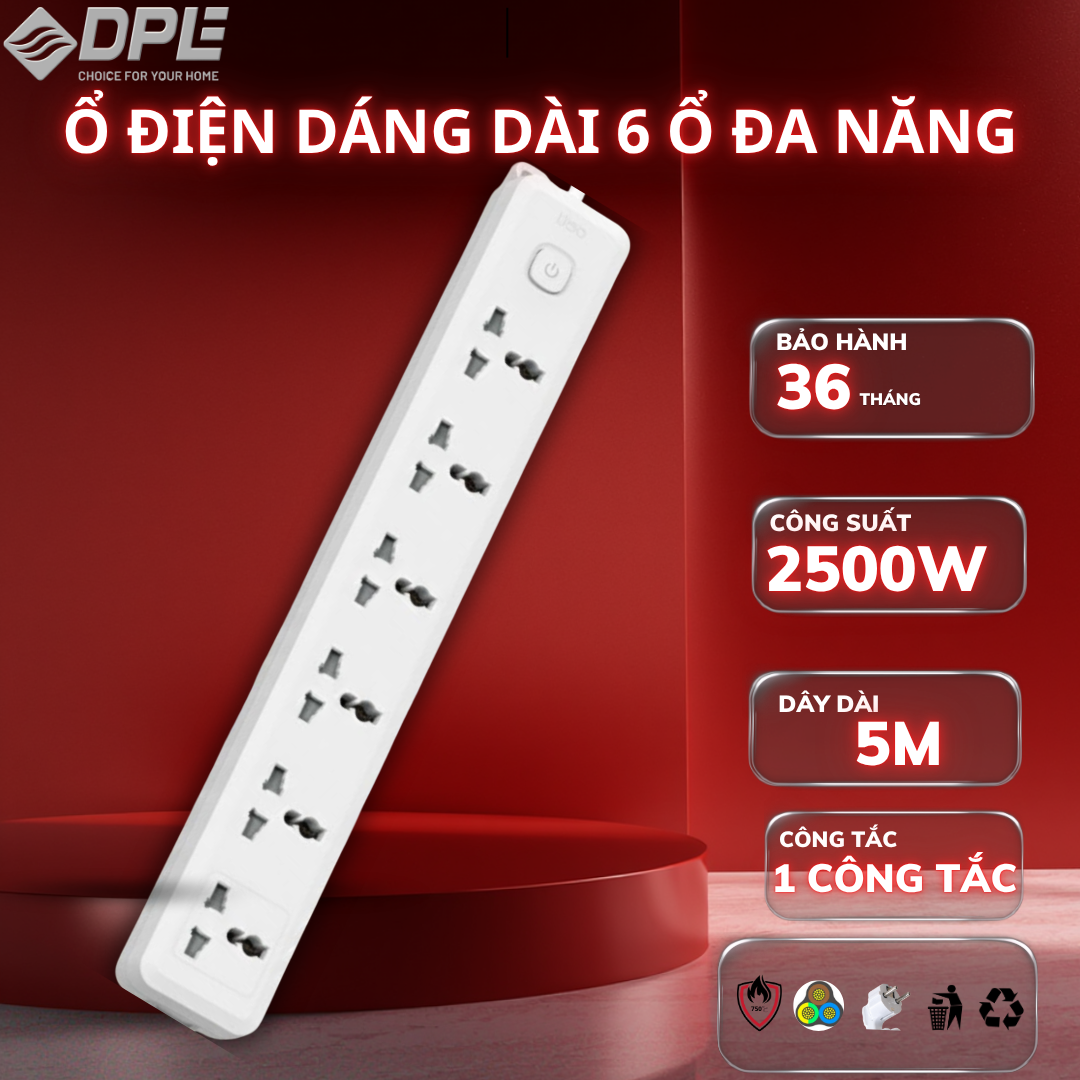 Ổ cắm điện 6 c&ocirc;ng tắc 1 nguồn d&acirc;y d&agrave;i 5m - M&agrave;u trắng