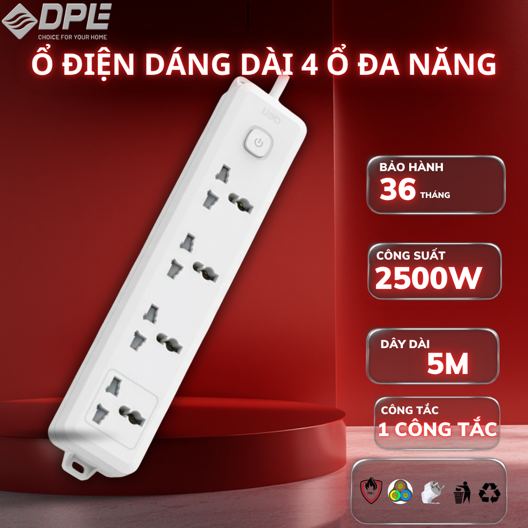 Ổ cắm điện 4 c&ocirc;ng tắc 1 nguồn d&acirc;y d&agrave;i 5m - M&agrave;u trắng
