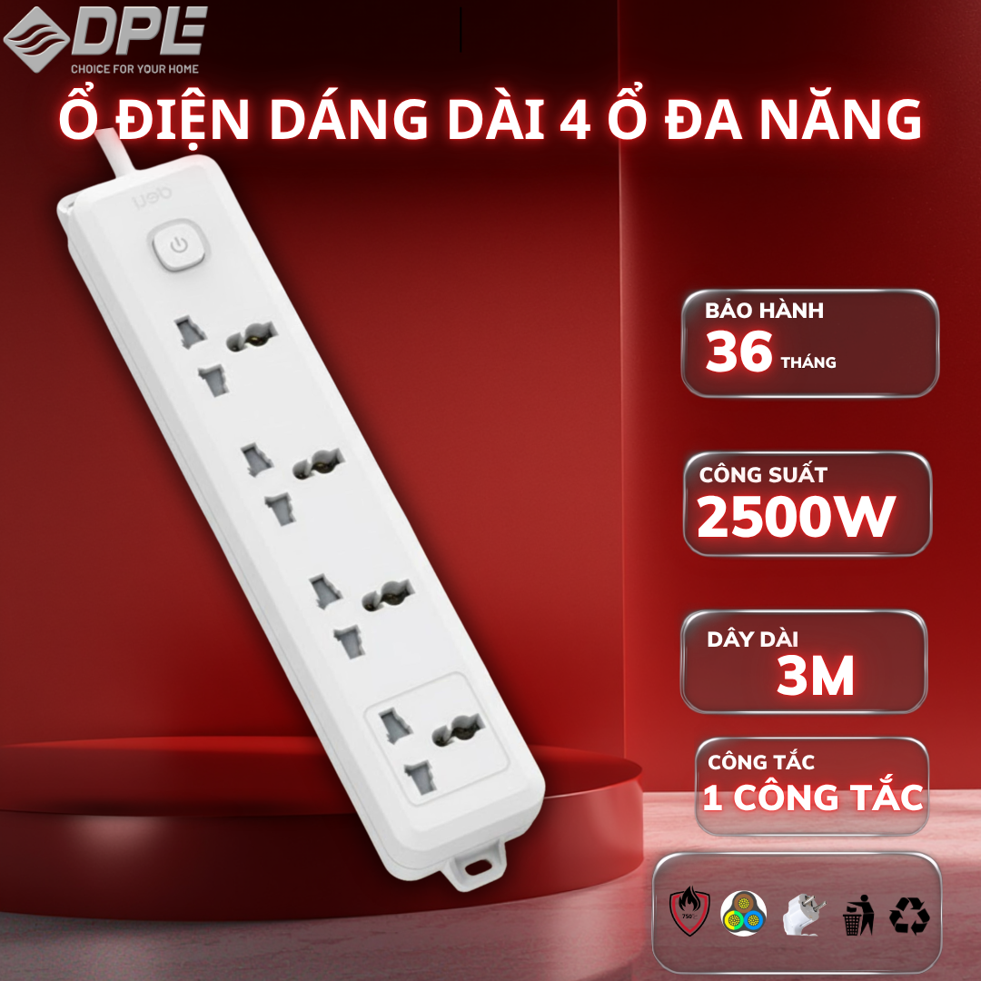 Ổ cắm điện 4 c&ocirc;ng tắc 1 nguồn d&acirc;y d&agrave;i 5m - M&agrave;u trắng