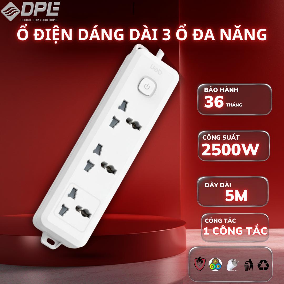 Ổ cắm điện 3 c&ocirc;ng tắc 1 nguồn d&acirc;y d&agrave;i 5m - M&agrave;u trắng
